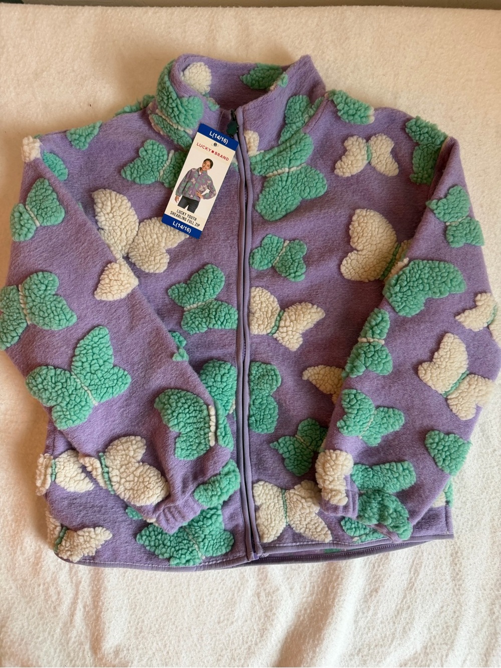 Lucky Brand Kids Lavender Sherpa Zip Hoodie with Green & Cream Cloud Patches